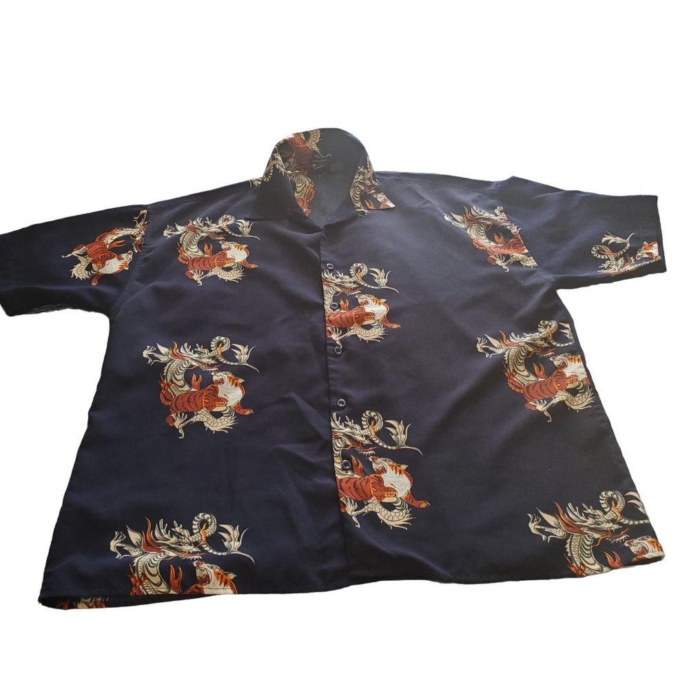 Vintage No Contest Microfiber Dragon/Tiger Print Men's Blue Button Up Shirt 2XL